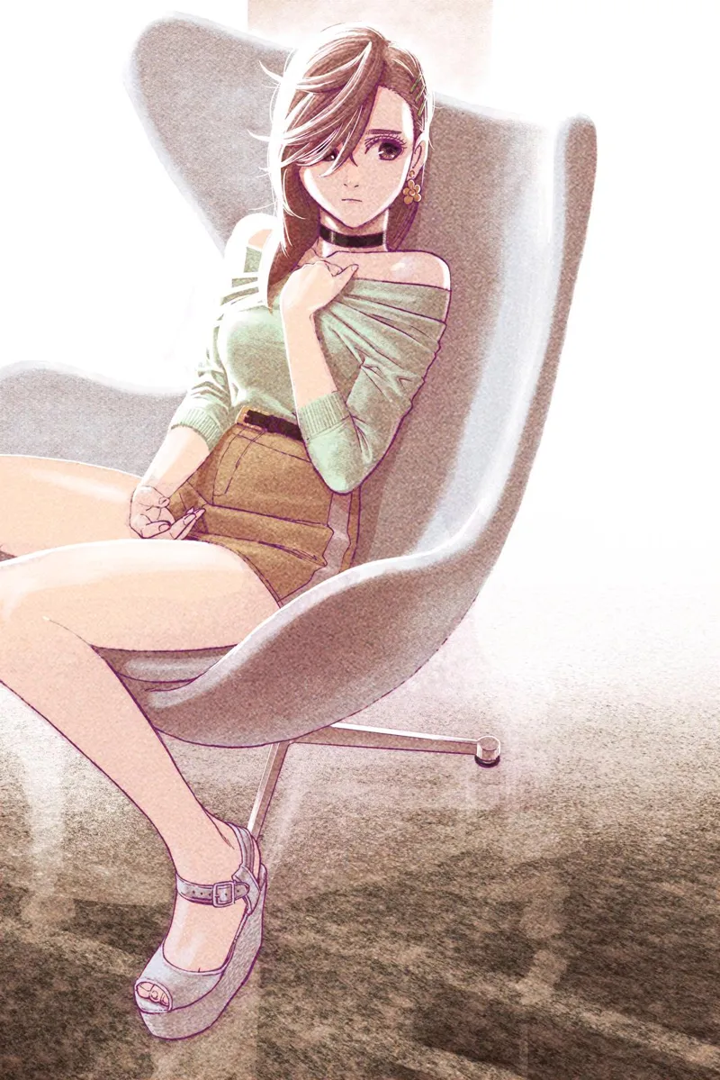 Colored image of Momo Ayase sitting on a chair wearing sexy shorts and light green clothes.