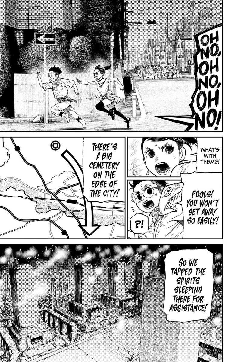Momo and Okarun run. Turbo Granny reveals that they use the spirits' help at a nearby cemetery to chase them.
