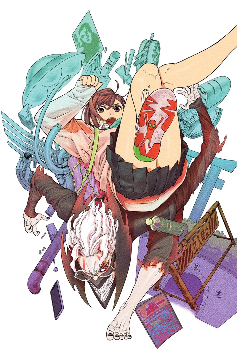 Colored image of Okarun in his cursed form carrying Momo on his back and some other things as they escape the tunnel.
