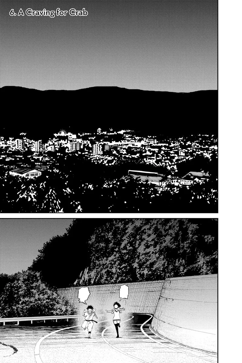 A lighted city is shown from a distance while Momo and Okarun run on an empty road.