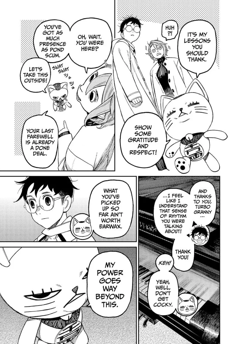 Turbo Granny walks by Okaruna and Aira. Okarun thanks him about her lessons.