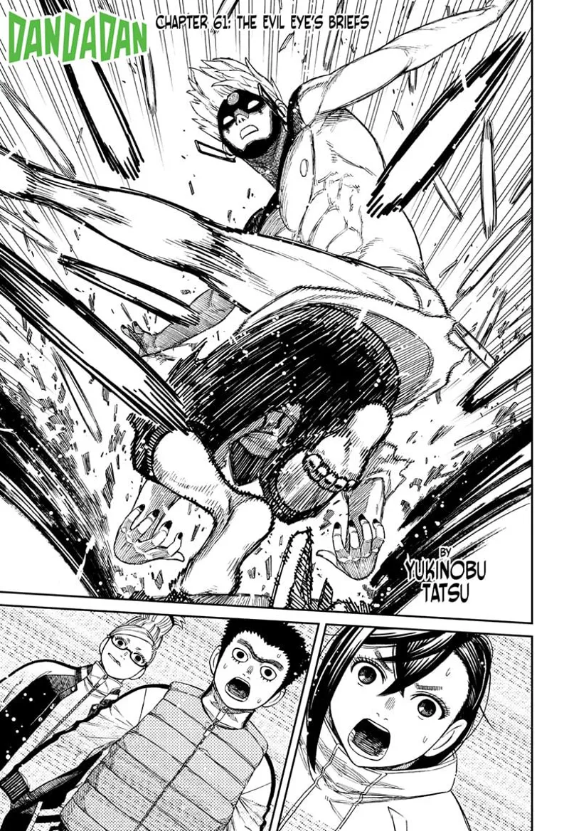 Cursed Okarun ducks as Evil Eye kicks him. Momo, Manjiro, and Grandma watch in awe.