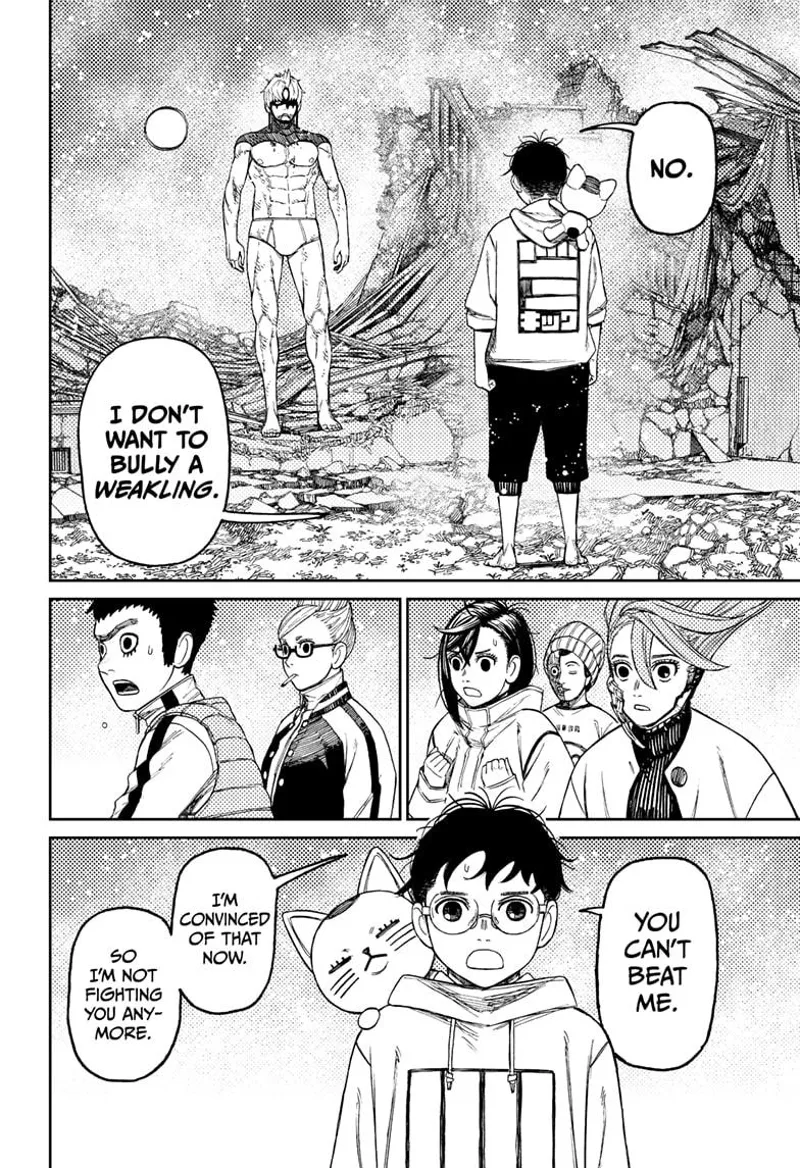 Okarun tells Evil Eye he doesn't want to bully him. Aira, Momo, Hana, Manjiro, and Grandma watches.