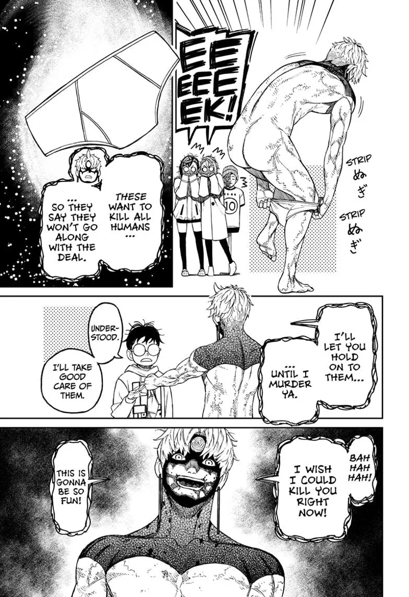 Evil Eye takes out his underwear in front of Momo and Aira and gives it to Okarun. He agrees to Okarun's conditions.