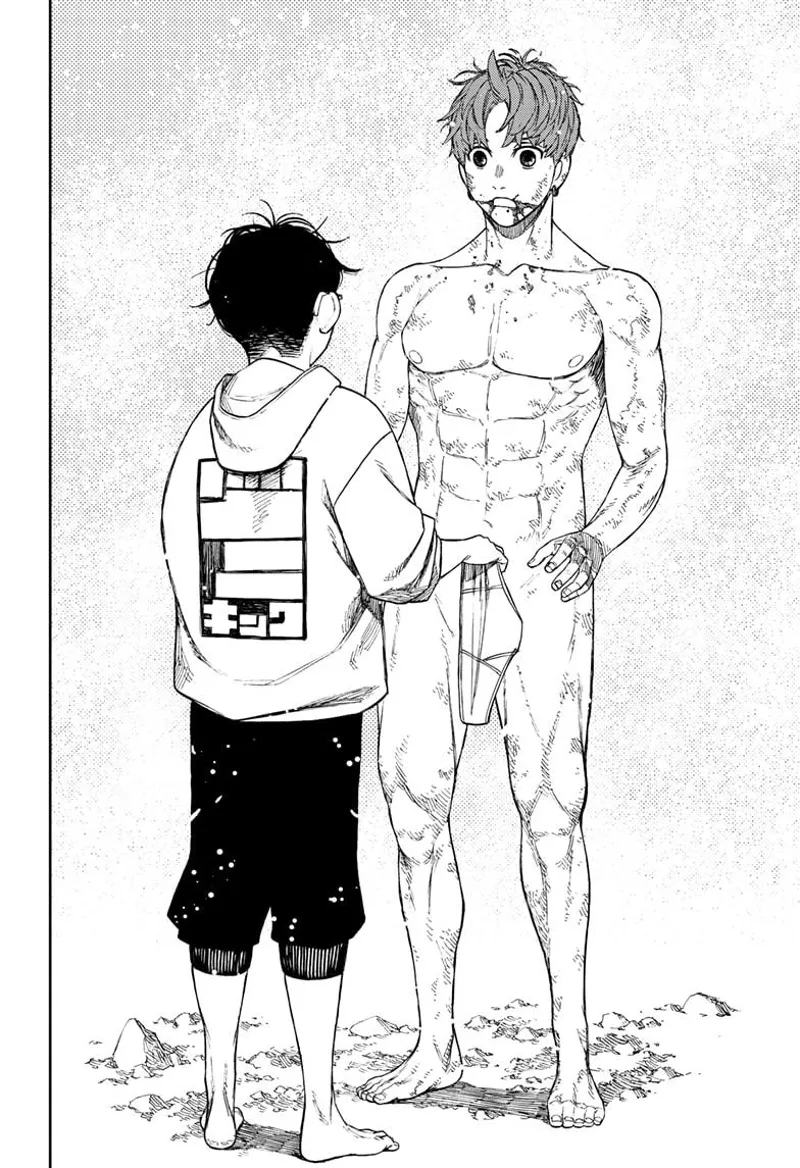 Okarun stands before Jiji, who is naked and back to normal.