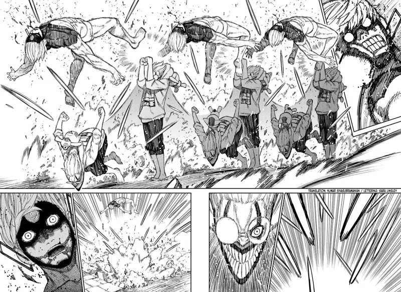Cursed Okarun makes combo attacks and hits Evil Eye.