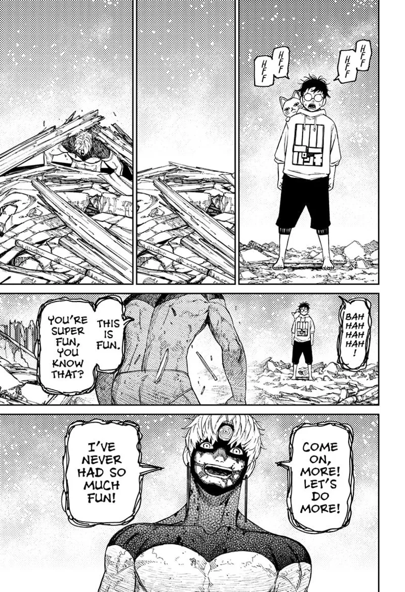Okarun turns back to normal. Evil Eye gets out from the debris and says he's having fun.