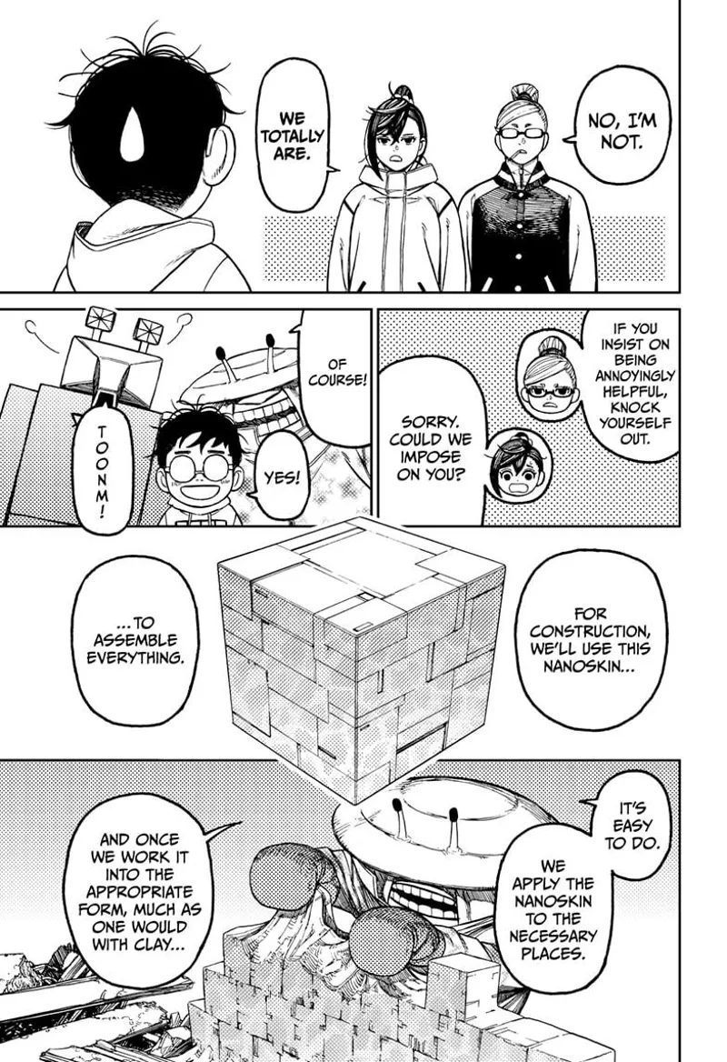 Momo asks for their help despite Grandma's refusal. Mr. Shrimp builds with a nanoskin that resembles clay.