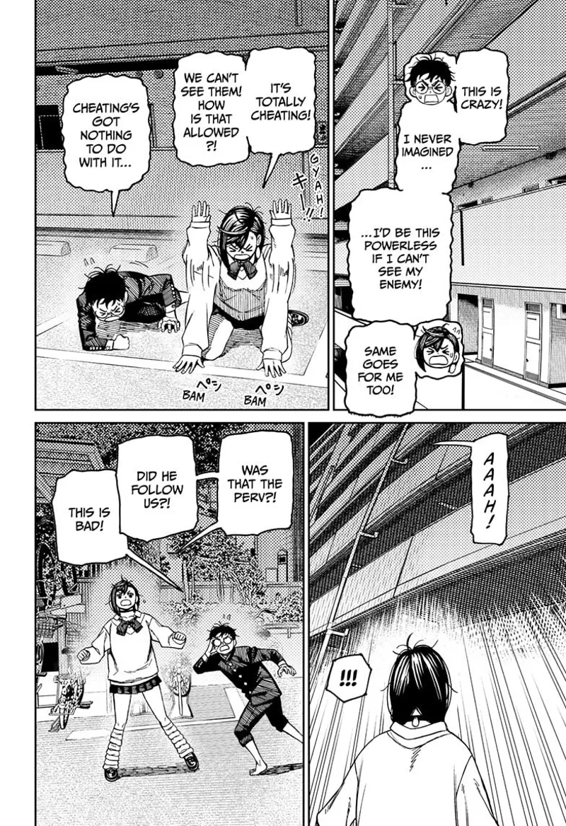 Momo and Okarun complain they can't see the enemy. They run after hearing the nerdy, chubby, pervy classmate scream.