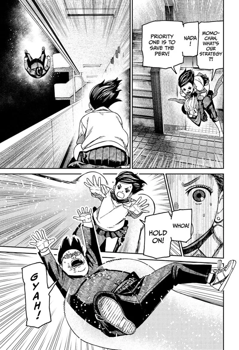 Momo rides behind cursed Okarun as they run up the stairs. They see the perv student falling, and Momo grabs him.