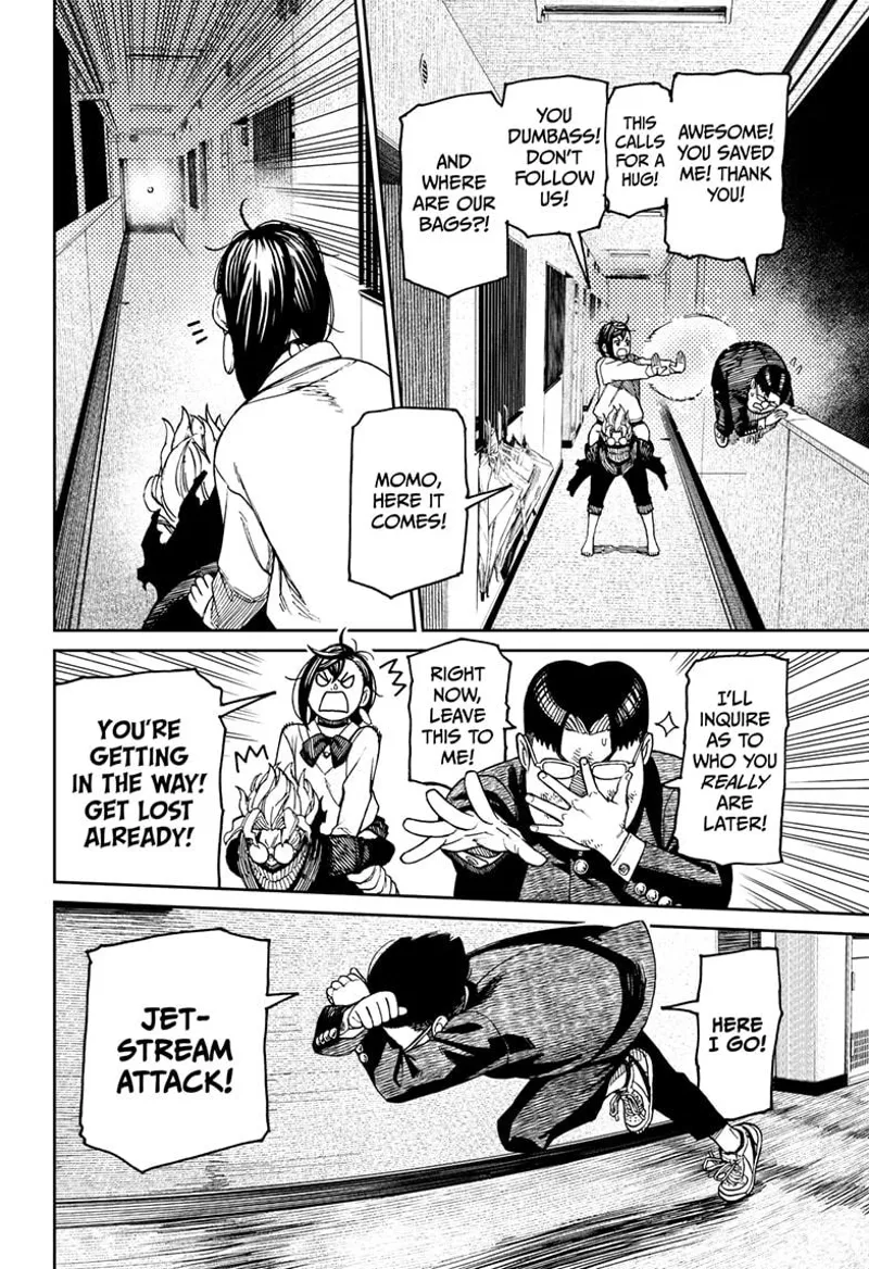 Momo and cursed Okarun stand before the golden ball after saving the pervy student. The pervy student attacks the ball.