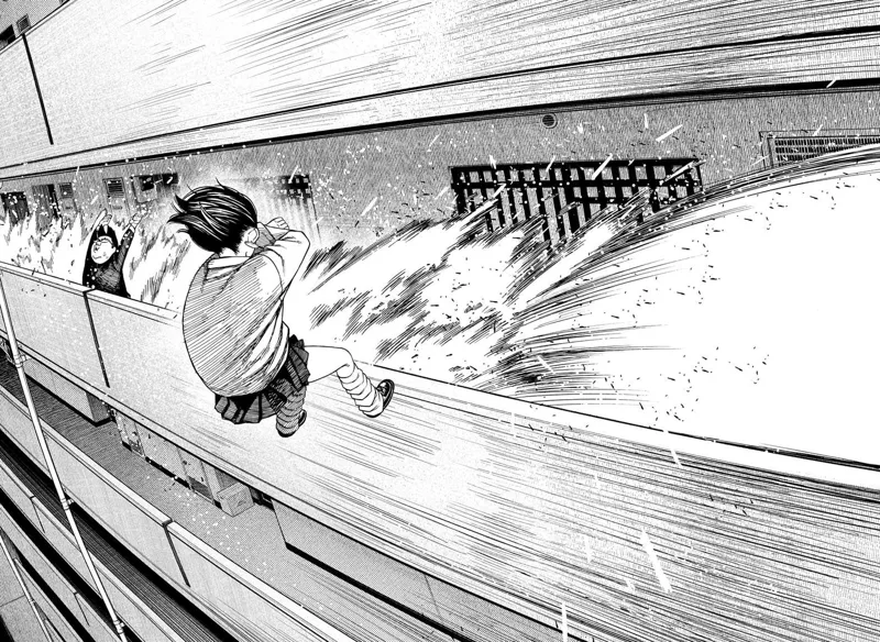 Cursed Okarun swiftly dashes through the hallway.
