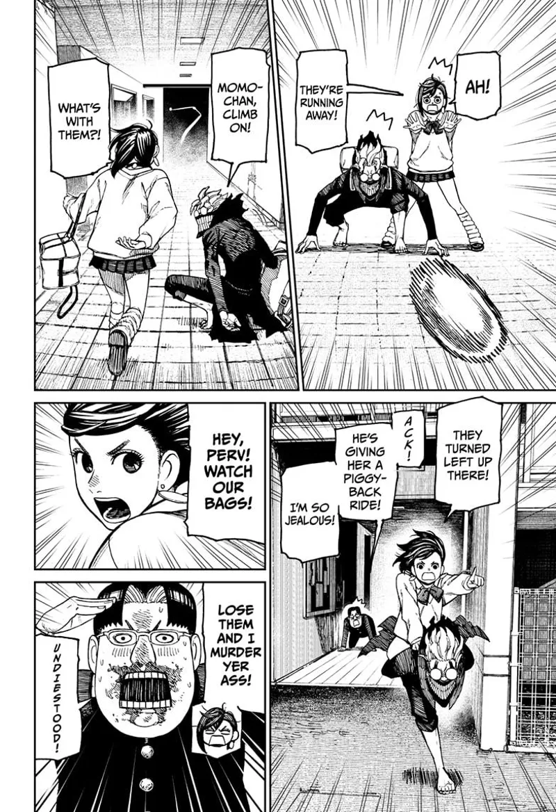 The golden ball flies away. Cursed Okarun tells Momo to hop in his back as they go and chase it.