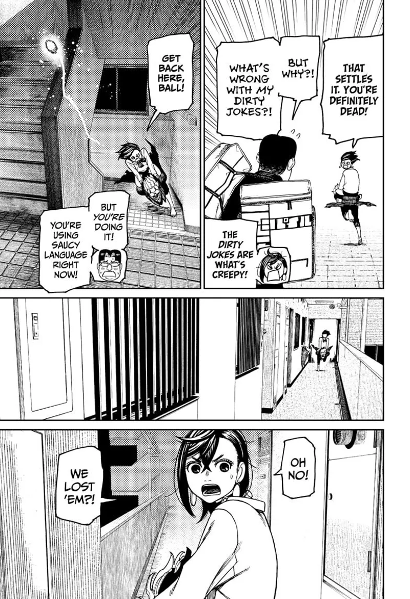 Momo and cursed Okarun chase the golden ball up the stairs. But they lost it.