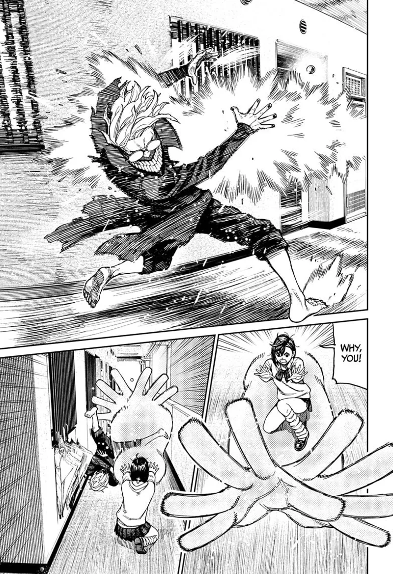 The golden ball attacks cursed Okarun. Momo uses her telekinetic hands to defend cursed Okarun.
