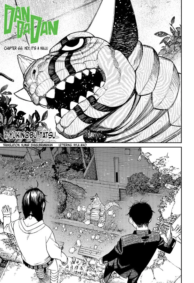 Momo and Okarun watch a creature below that looks like a dinosaur.