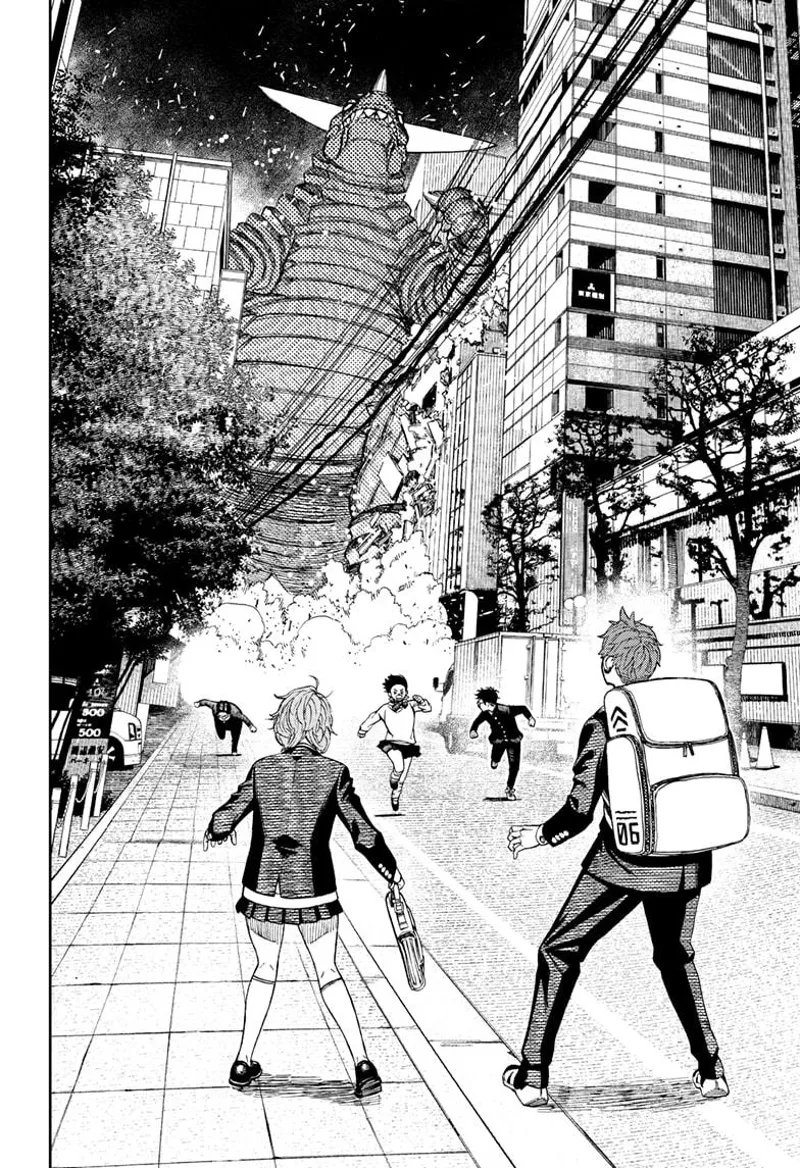 Jiji and Aira see Okarun, Momo, and the pervy guy run as fast as they can as the Kaiju chase them.