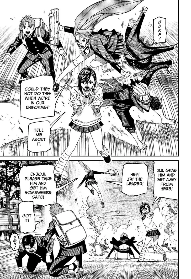 Momo and Aira tell Jiji to take the pervy guy somewhere safe as they fight the Kaiju.