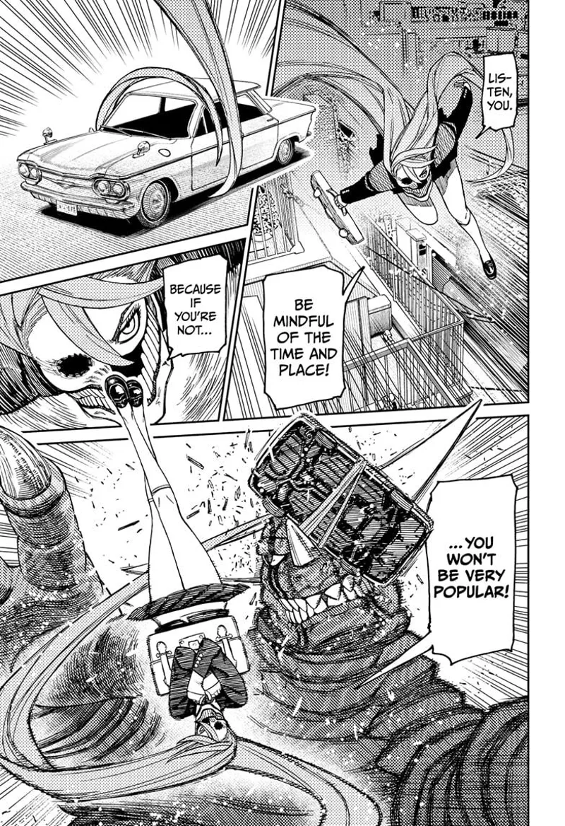 Cursed Aira smashes a car into the Kaiju's face.