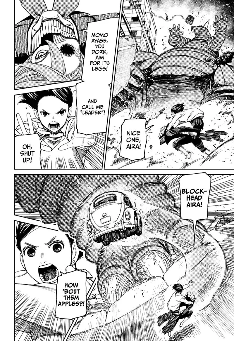 Momo Ayase smashes a car into the Kaiju's foot.