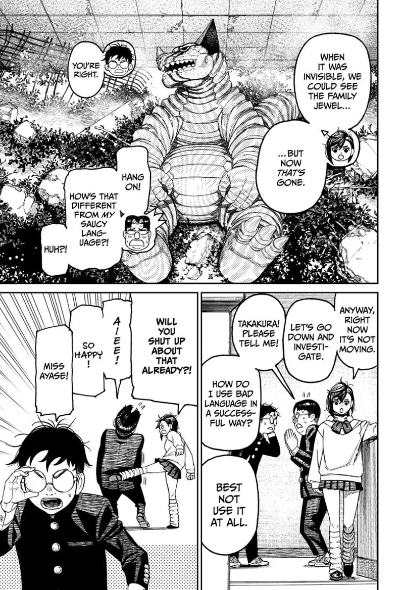 The Kaiju starts moving a bit. Momo suggests they go down and kick the pervy classmate. Okarun calls Momo.