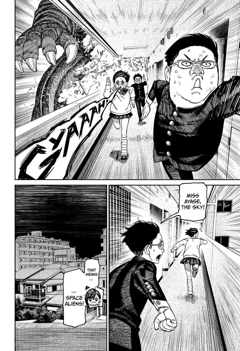 The pervy student, Momo, and Okarun run as the giant Kaiju destroy the hallway. They see the sky outside turning dark.