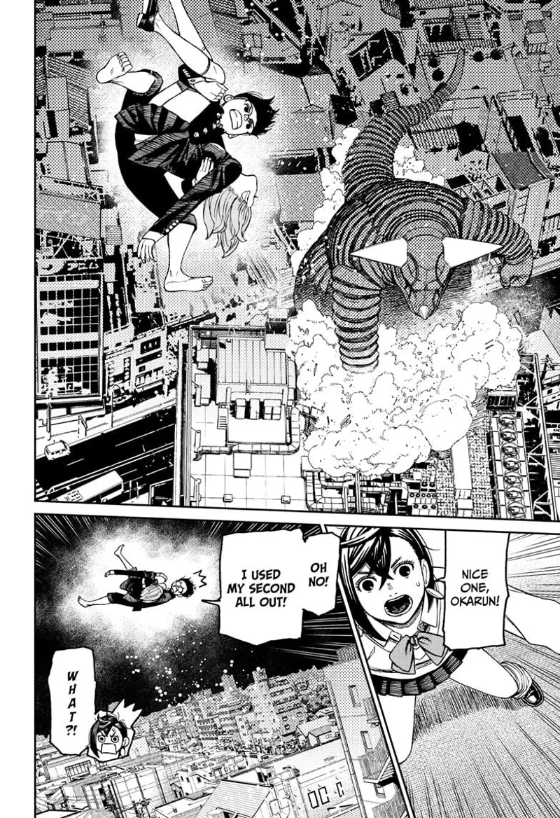 Okarun turns back to normal while carrying Aira midair. Momo worries that he will turn to normal.