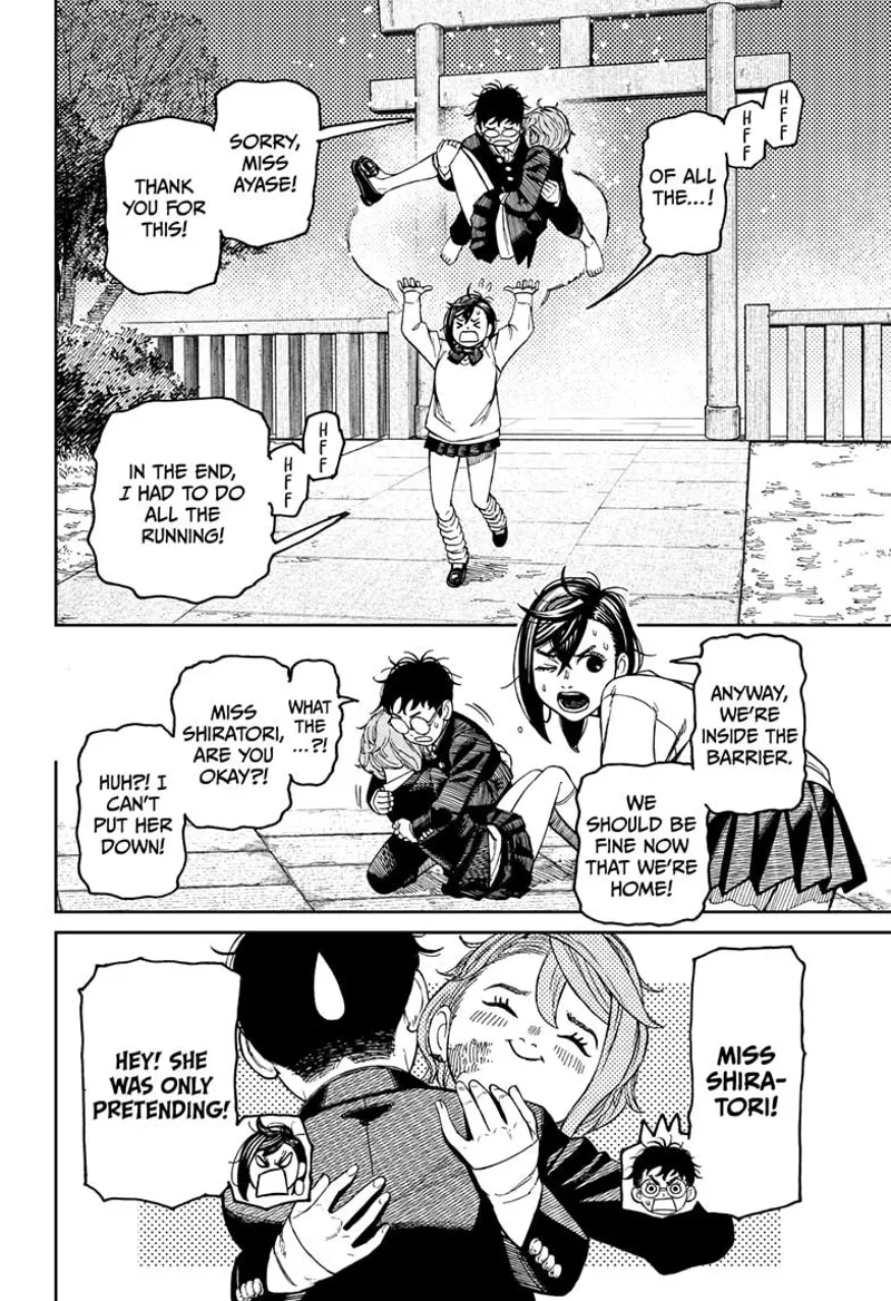 Momo carries Okarun and Aira back to their compound. Aira appears to be conscious all the time, and she hugs Okarun.