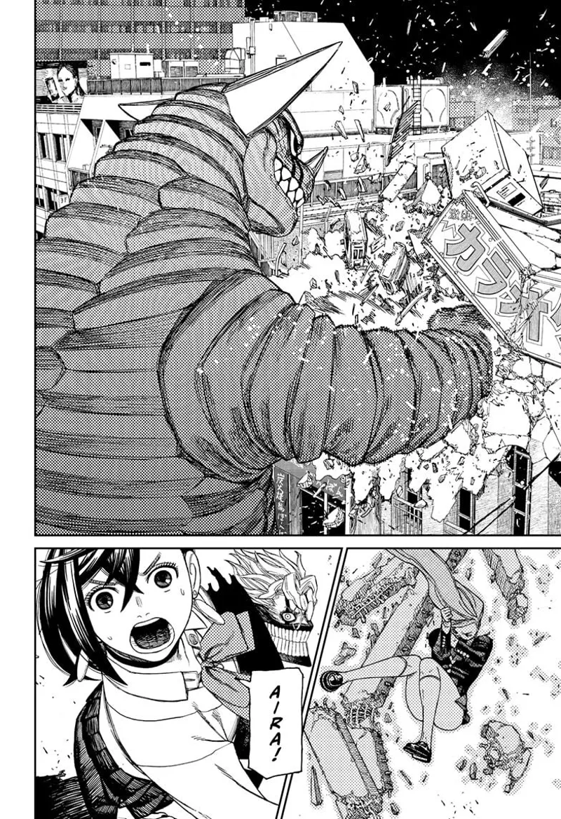 The Kaiju smashes the building to smithereens. Momo and cursed Okarun see cursed Aira with the debris.