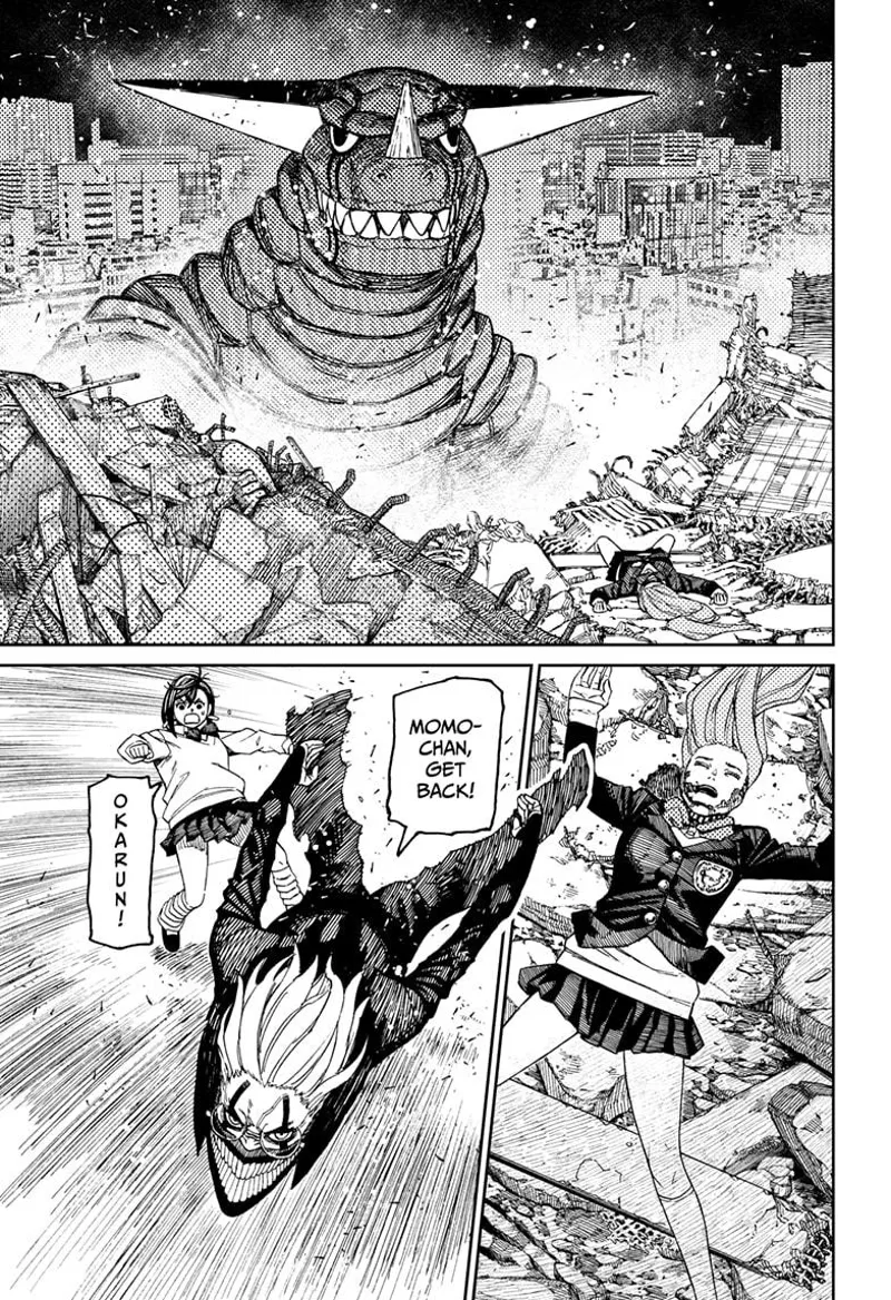 Aira changes to human form as she lies unconscious. Cursed Okarun dashes to save her from the Kaiju's attack.