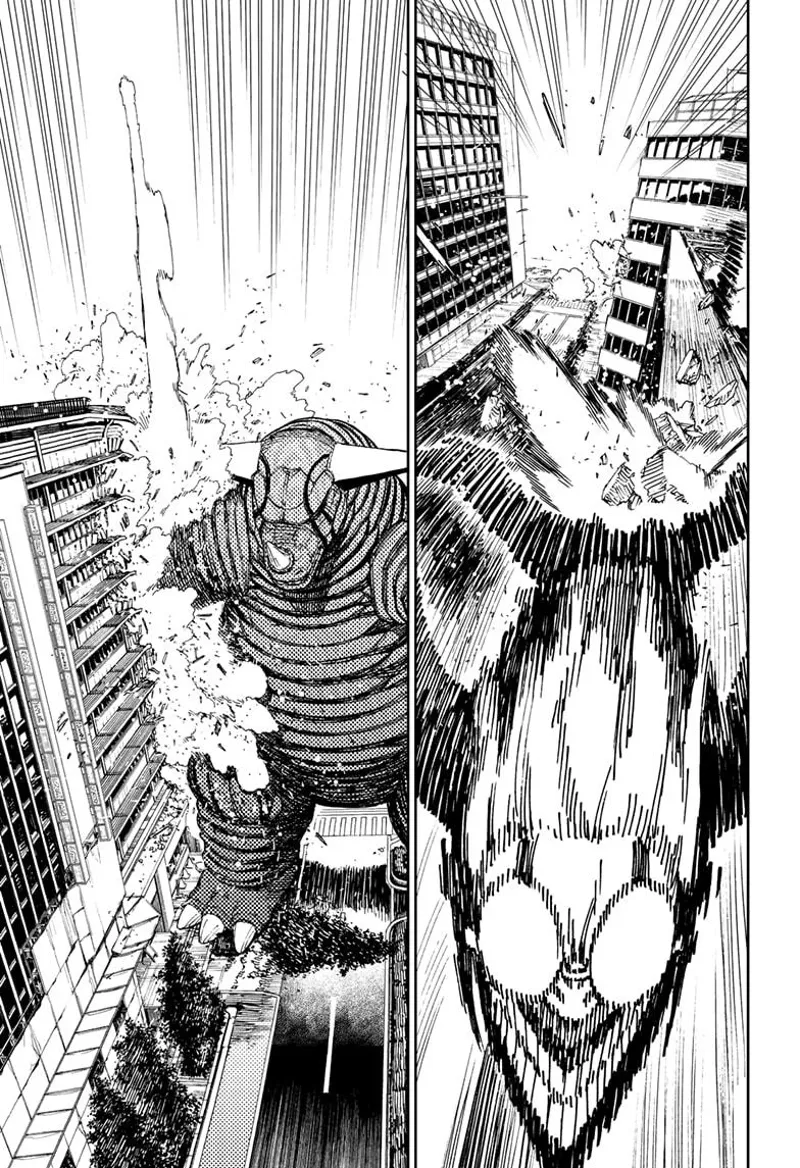 Cursed Okarun swiftly dashes as the giant Kaiju smashes the building.