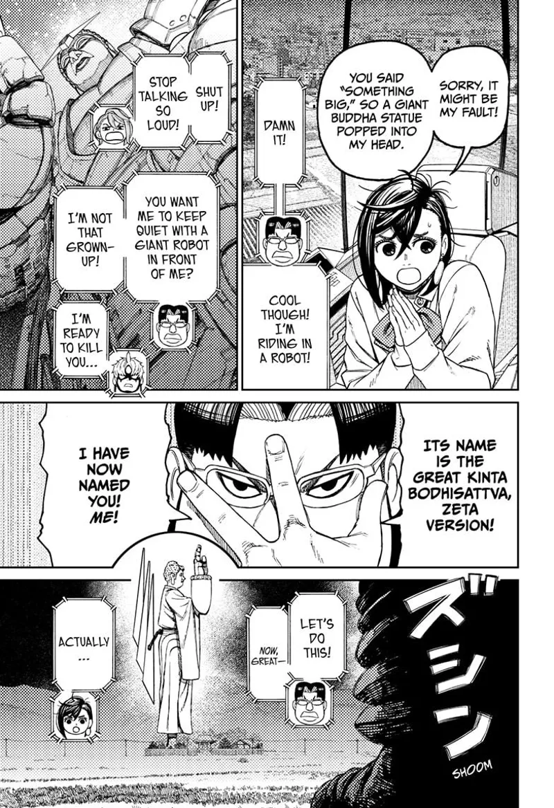 Momo reveals that she thought about a giant Buddha, affecting the robot's transformation.