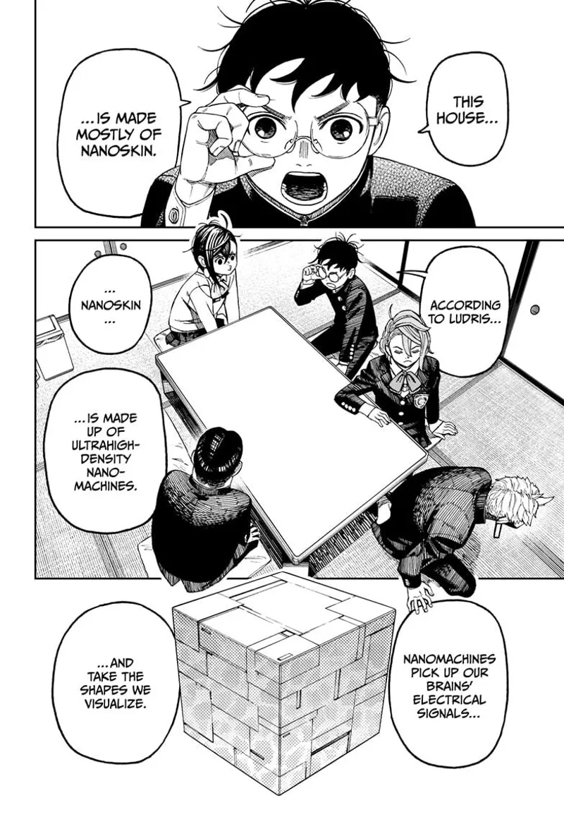Okarun explains that the house is made of nanoskin, which takes shape depending on their thoughts.