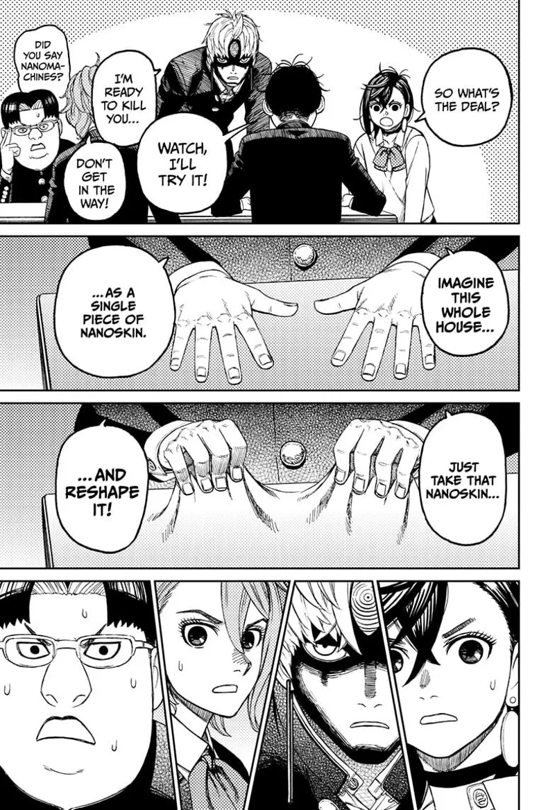 Okarun grabs the table and picks it up like a cloth. Momo, Evil Eye, Aira, and Erosuke watches.