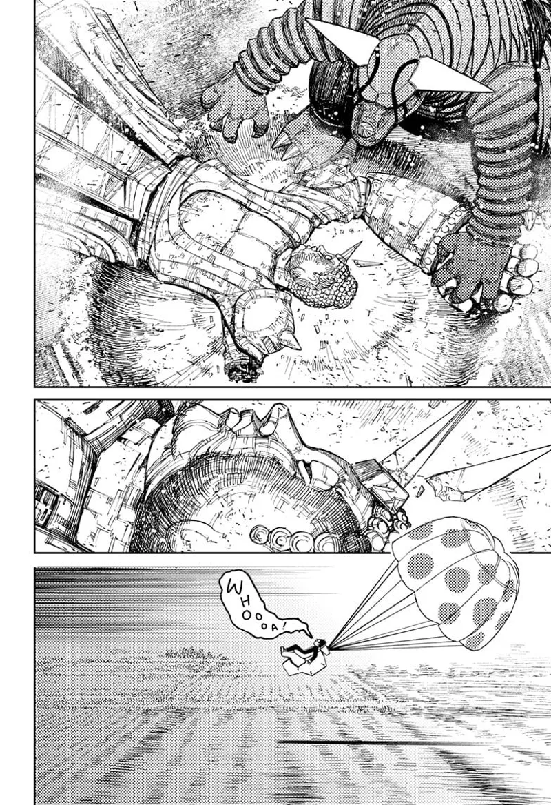 The giant Buddha creates a crater due to the Kaiju's punch. Okarun lands with a parachute on his chair.