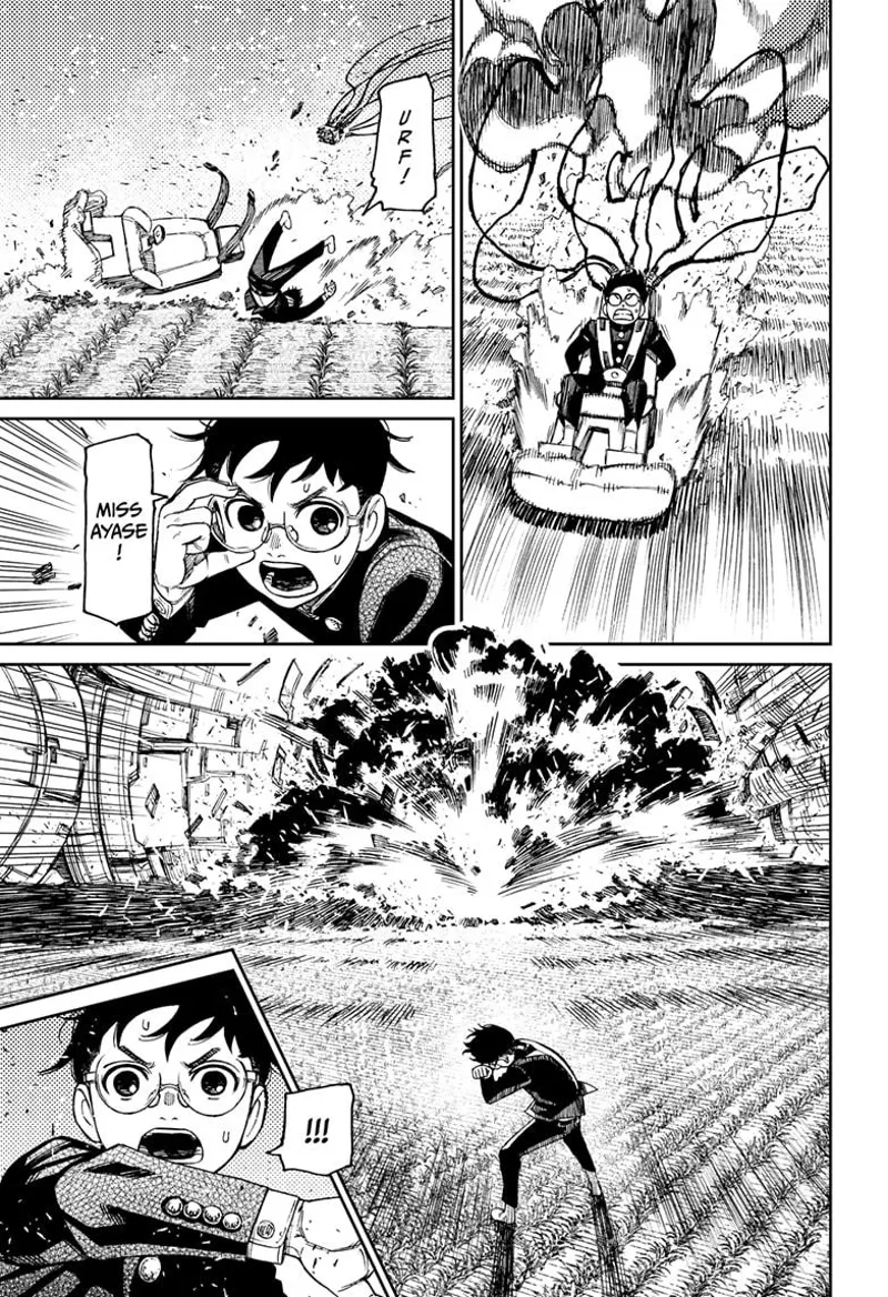 Okarun crashes to the ground and sees a huge explosion near the giant Buddha.