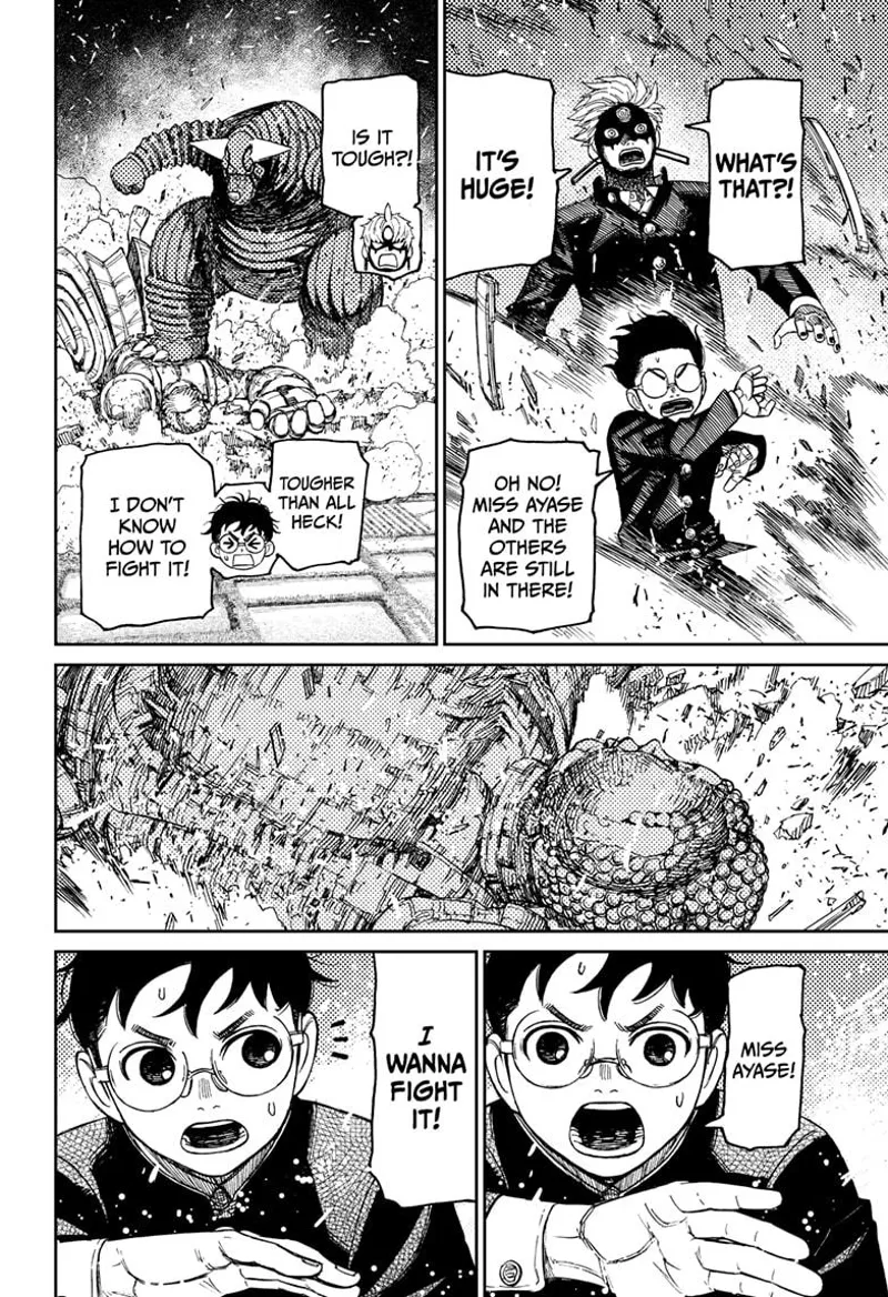Okarun and Evil Eye see the Kaiju beating down the Buddha. Evil Eye wants to fight the enormous monster.
