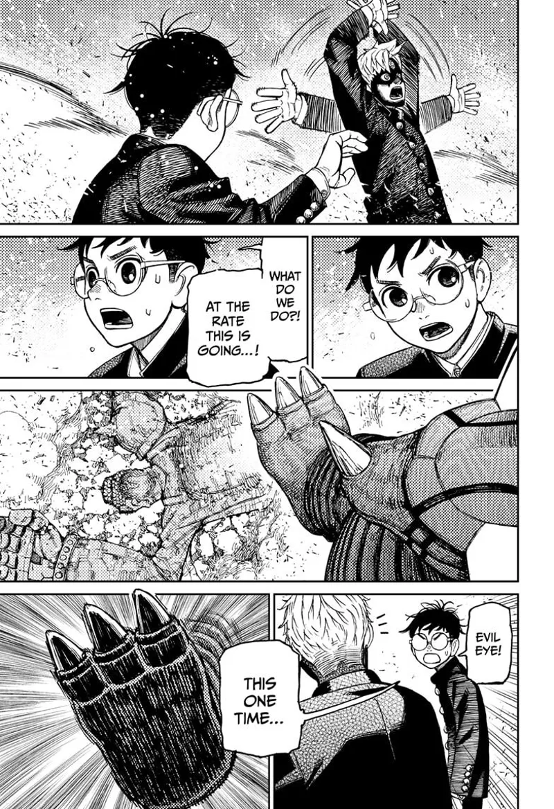 Evil Eye tries to get the Kaiju's attention. Okarun tells him something. The Kaiju stomps Buddha again.
