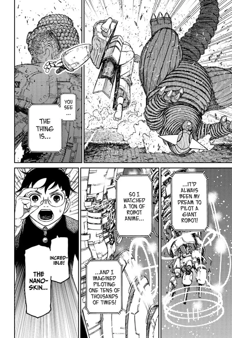 The Kaiju falls to the ground. Okarun sees the Buddha robot restoring itself.