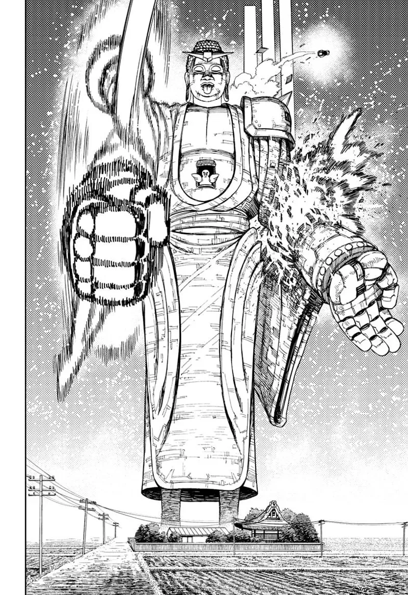 The giant robot's right arm moves frantically while its left arm explodes. Someone is also ejected.