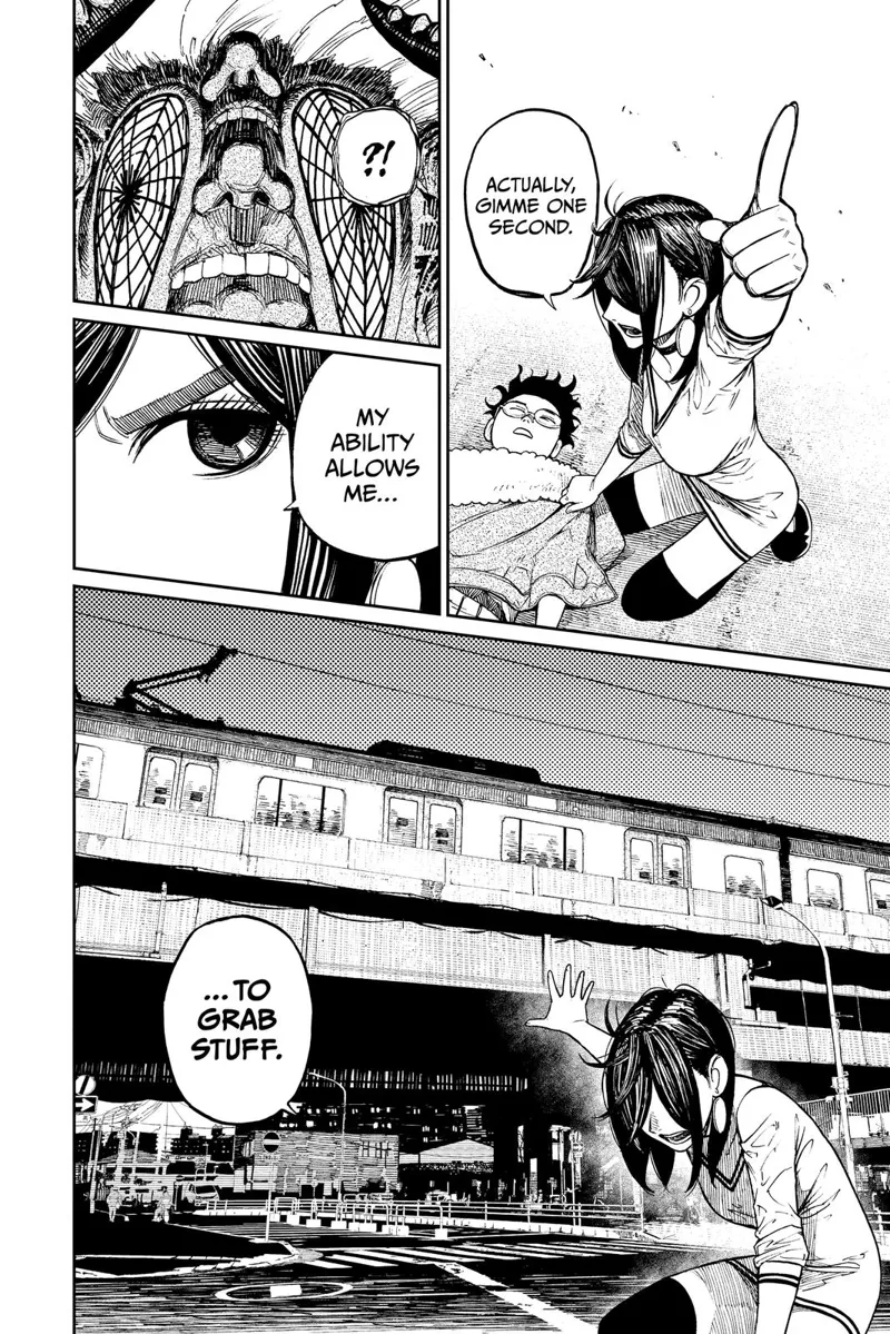 Momo tells her to give her one second. She extends her arm as if trying to grab a train speeding by.