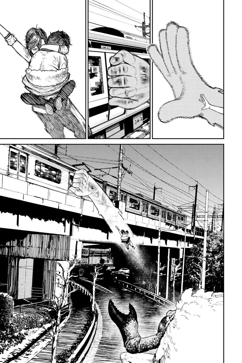 Suddenly, a huge hand appears from Momo and grabs the train while holding Okarun.