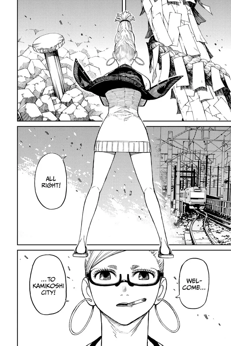 Grandma Seiko Ayase appears, waiting for them, placing many seals and a huge nail near the area where the train approaches.