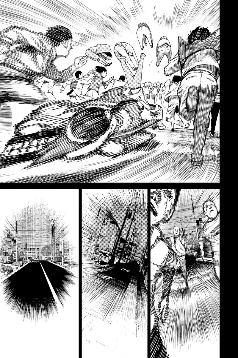 Okarun dashes through the crowd at full speed, sending some of them flying. His vision narrows to the street.