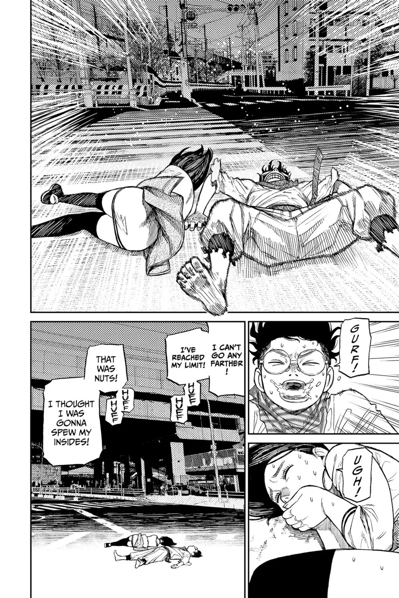 Momo and Okarun crash after reaching their maximum speeds. Okarun throws up while Momo holds her mouth. The street is empty.