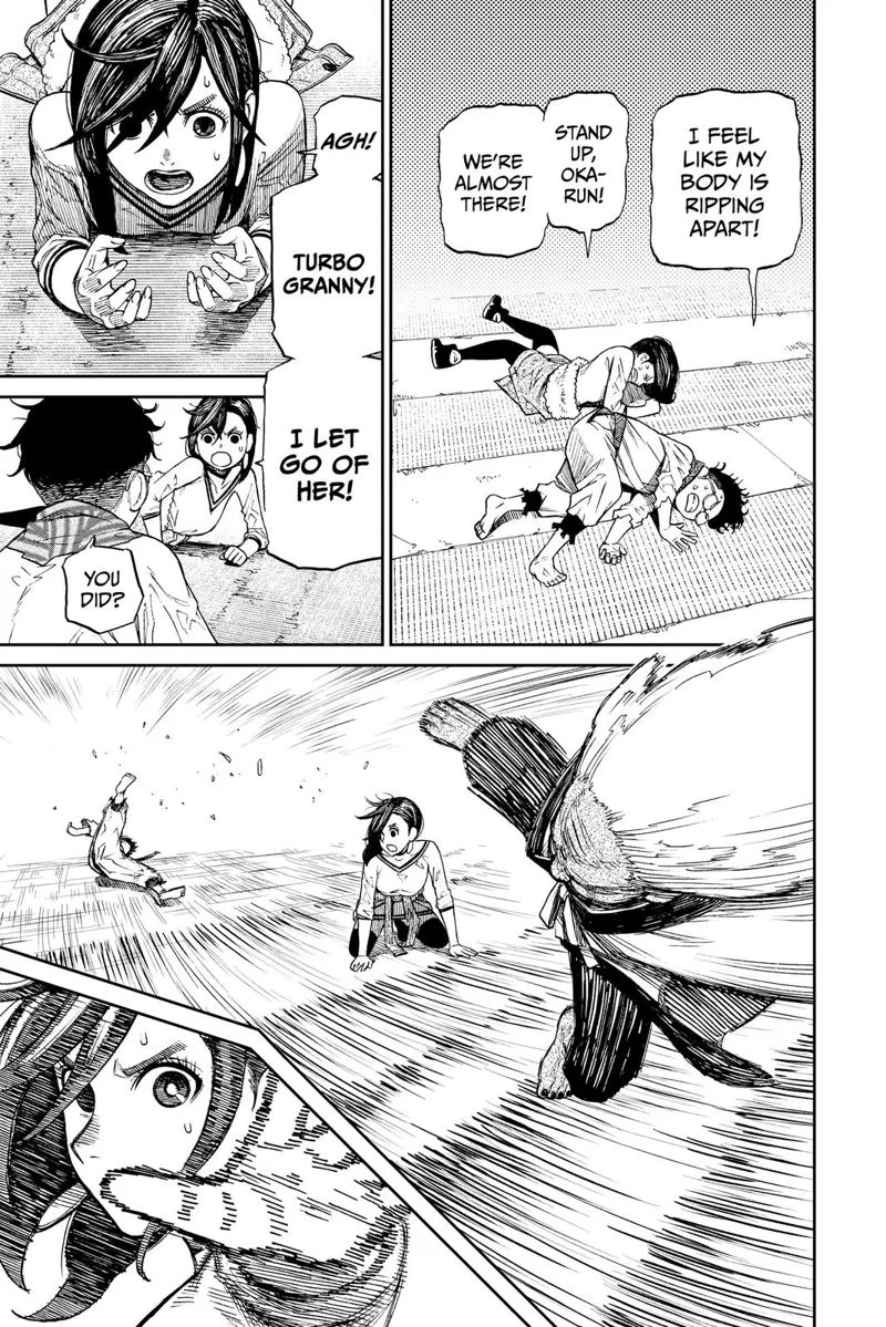 Momo says she lets go of Turbo Granny. Turbo Granny suddenly kicks Okarun. Momo extends her arm and uses her powers.