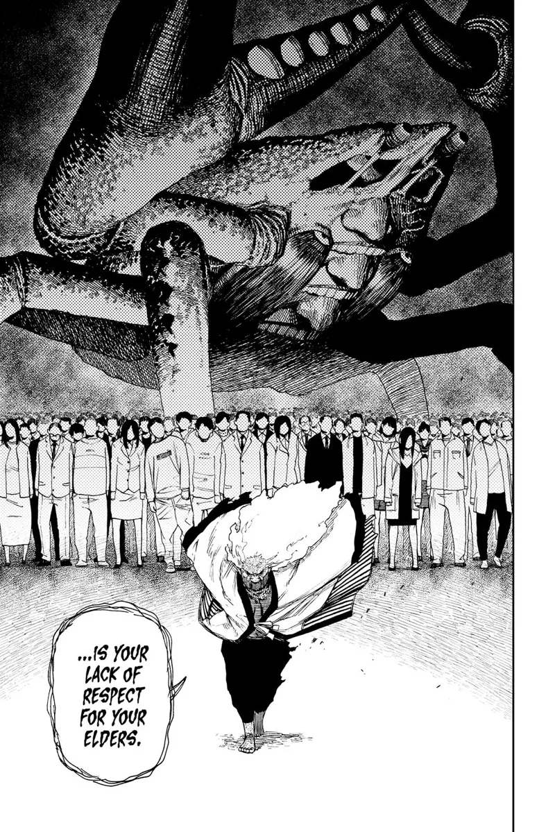 Turbo Granny walks with thousands of possessed people behind her and the huge crab spirit towering nearby.