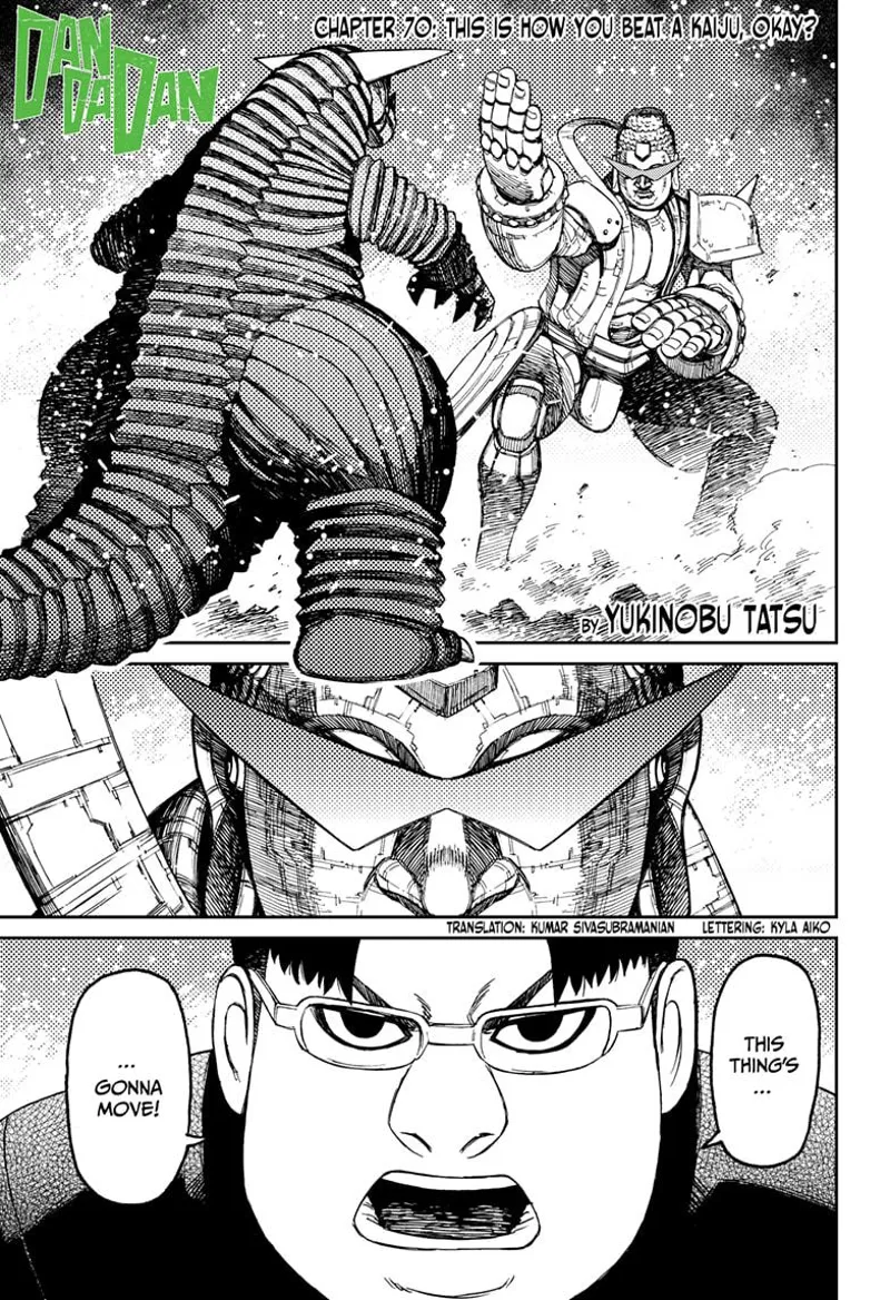 The giant robot and the Kaiju appear face-to-face, ready to attack each other. Kinta pilots the robot.