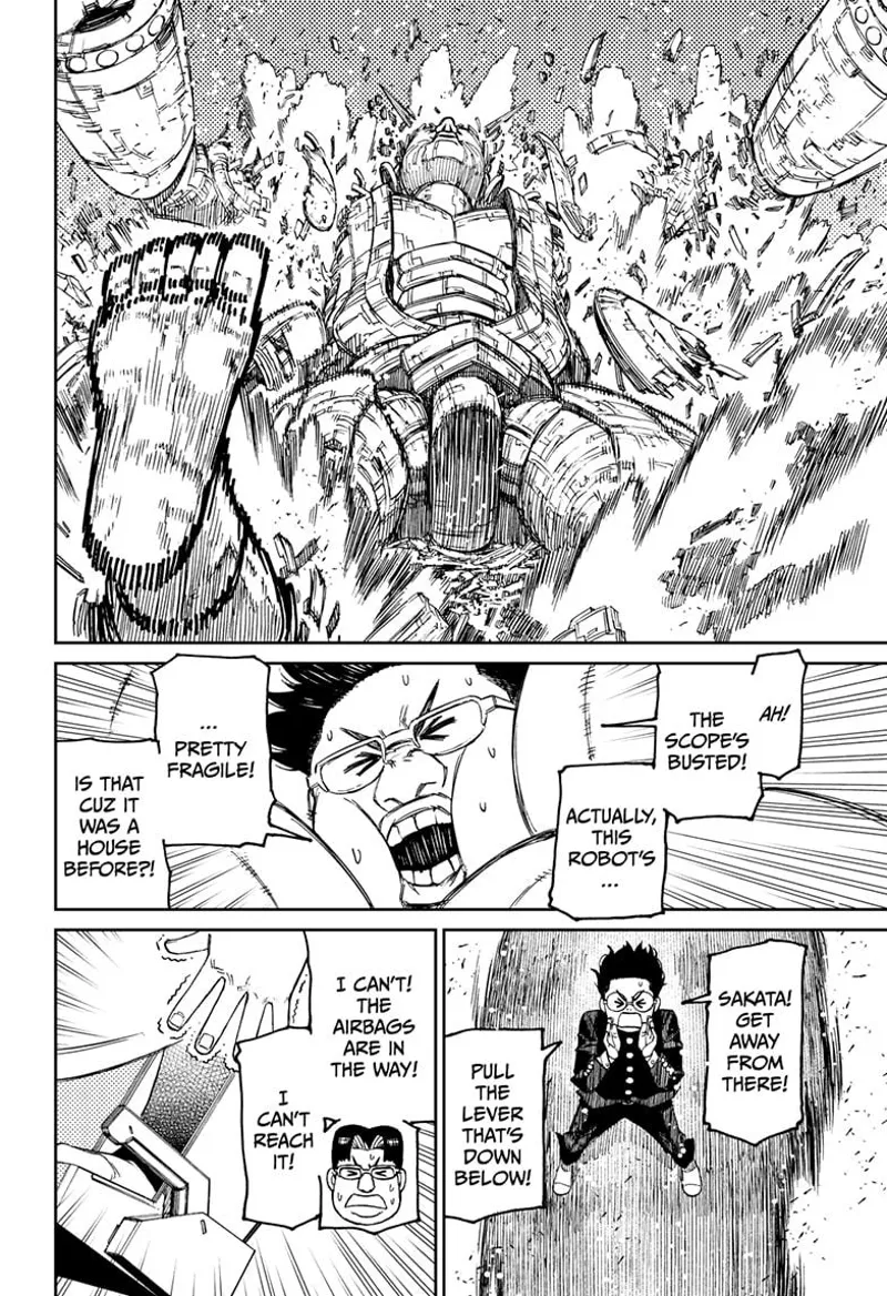 The robot falls to the ground. Okarun tells him to escape, but Kinta Sakata is trapped in the airbags.