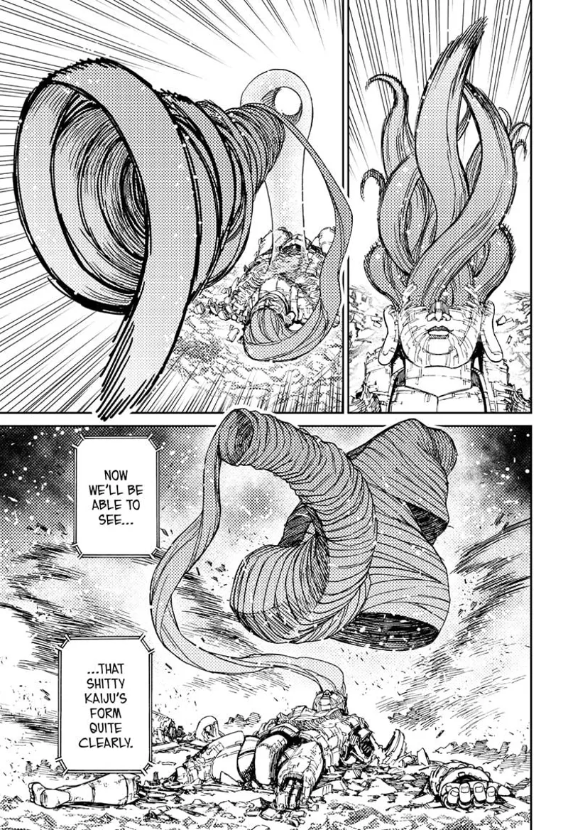 Hairs appear from the robot's head and cover the invisible Kaiju's body, which is now visible.